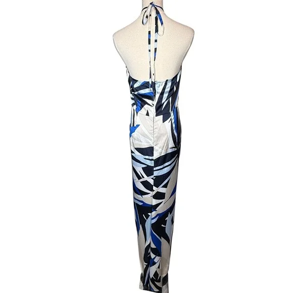White House Black Market Satin Halter Maxi Dress in Bay Palms Ecru / Blue size 4 - Picture 4 of 7